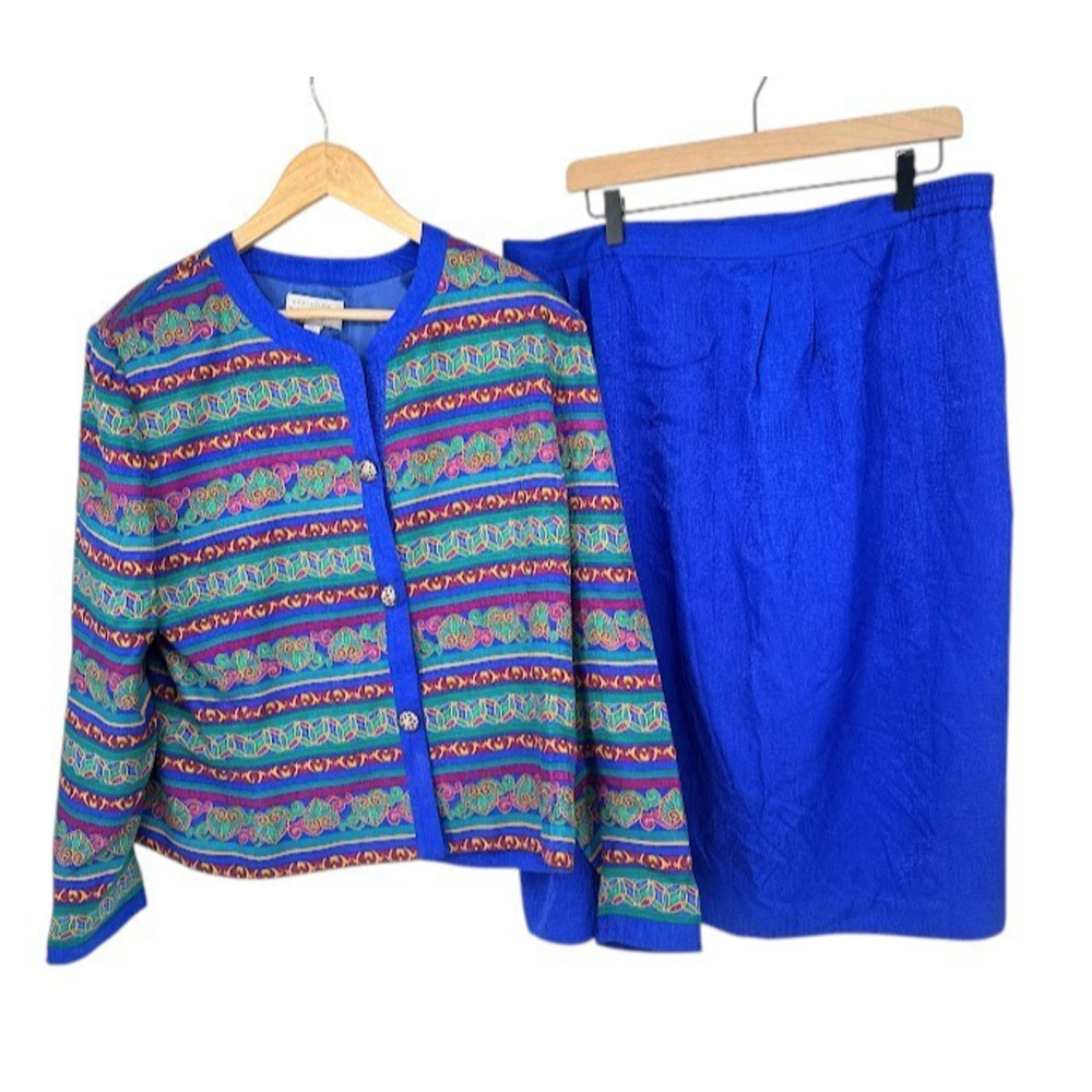 Vintage Adrianna Papell Skirt Suit Womens Size‎ 16 Blue Silk Mob Wife Old Money